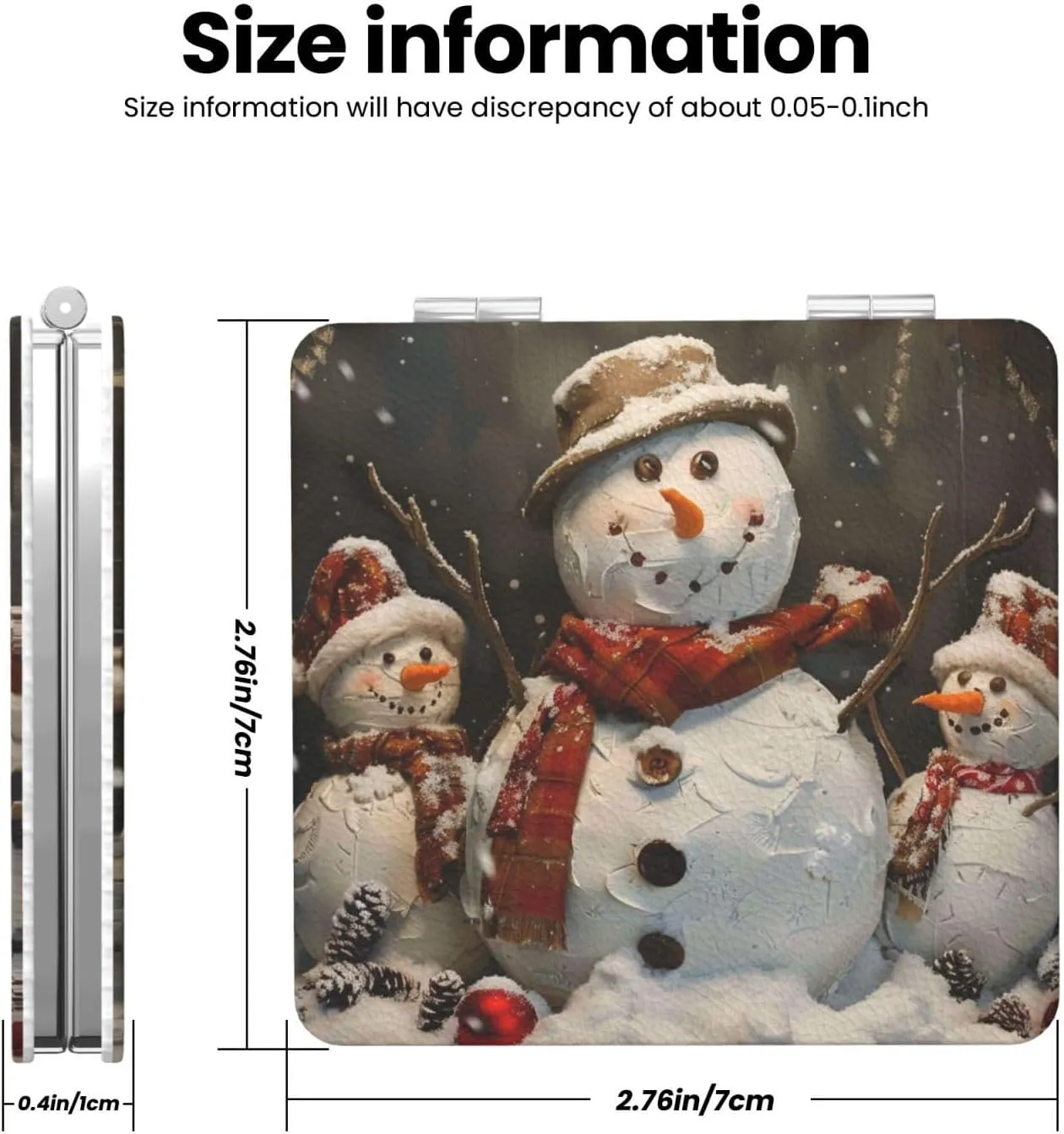 Xmas Snowman Printed Square Pocket Makeup Mirror with 1X/2X Magnification, Portable Mini Travel Makeup Mirror for Travel Daily Work Beauty