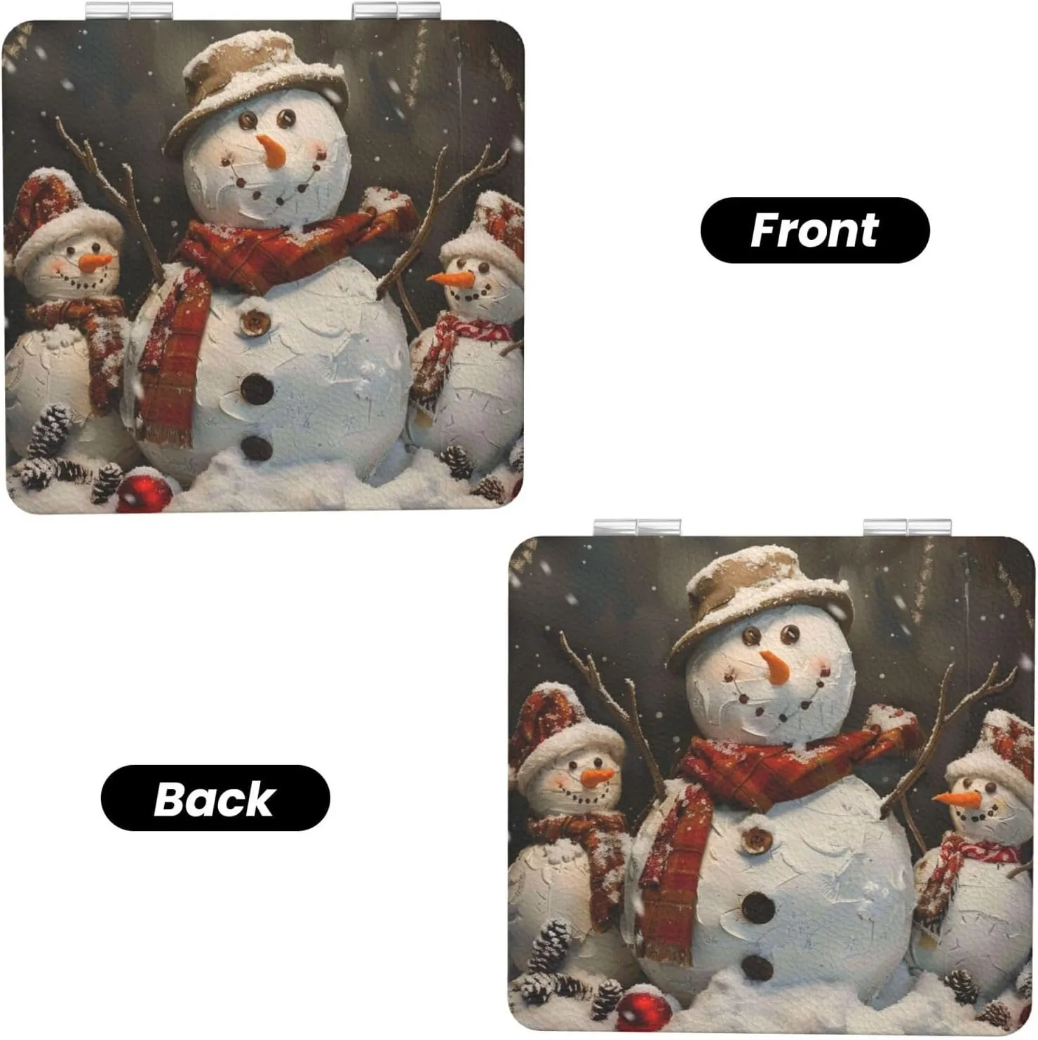 Xmas Snowman Printed Square Pocket Makeup Mirror with 1X/2X Magnification, Portable Mini Travel Makeup Mirror for Travel Daily Work Beauty