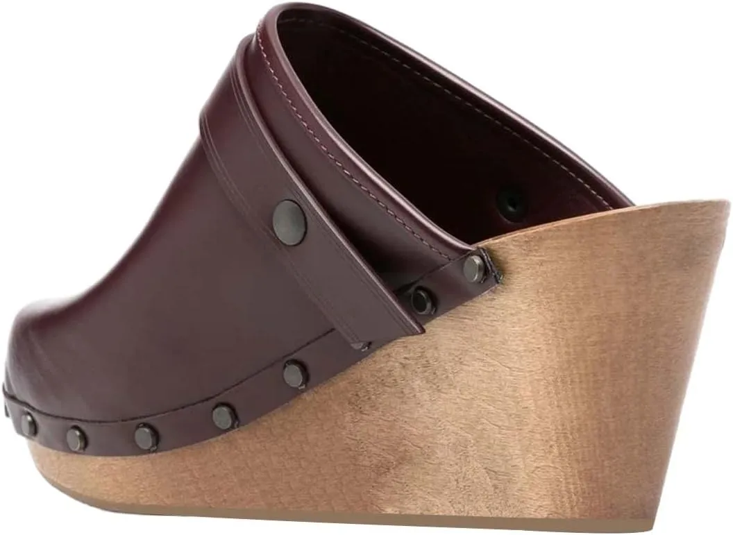 XYD Cork Mules Heels for Women Chic Studs Buckle Strap Fasten Closed Round Toe Slip On Wedge Slides Casual Event Dress Shoes