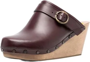 XYD Cork Mules Heels for Women Chic Studs Buckle Strap Fasten Closed Round Toe Slip On Wedge Slides Casual Event Dress Shoes