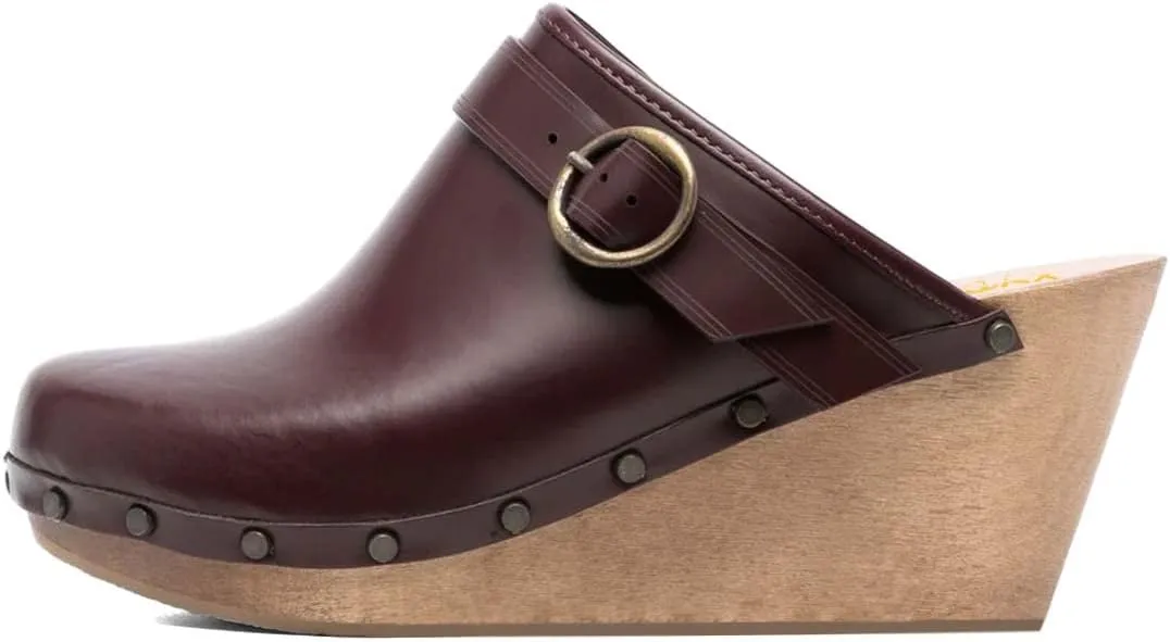 XYD Cork Mules Heels for Women Chic Studs Buckle Strap Fasten Closed Round Toe Slip On Wedge Slides Casual Event Dress Shoes