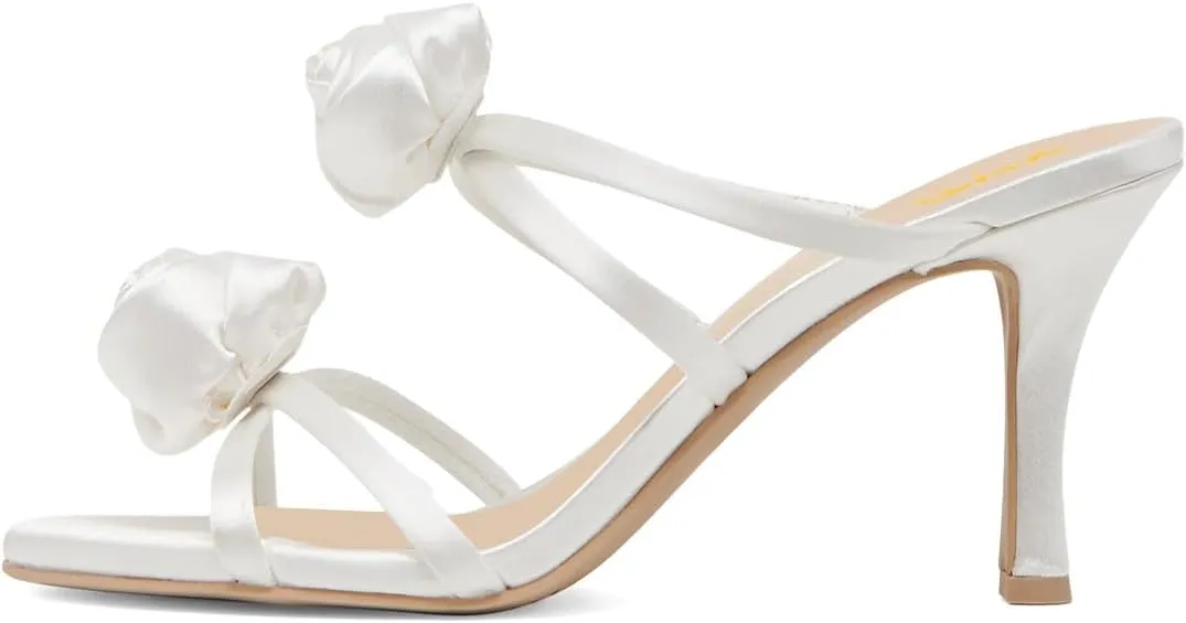 XYD Women Satin Flowers Open Toe High Heel Stiletto Mules Multi Straps Slip-on Slides Sandals Summer Dress Date Shoes