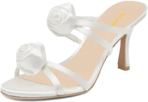 XYD Women Satin Flowers Open Toe High Heel Stiletto Mules Multi Straps Slip-on Slides Sandals Summer Dress Date Shoes