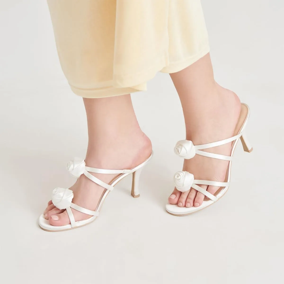 XYD Women Satin Flowers Open Toe High Heel Stiletto Mules Multi Straps Slip-on Slides Sandals Summer Dress Date Shoes