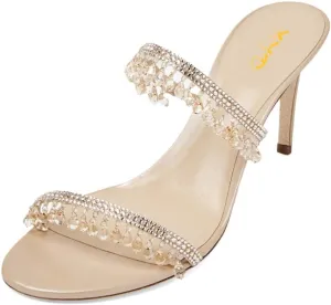 XYD Women Two Shiny Straps High Heel Mules Crystal Gems Open Toe Slides Sandals Summer Chic Slippers Shoes