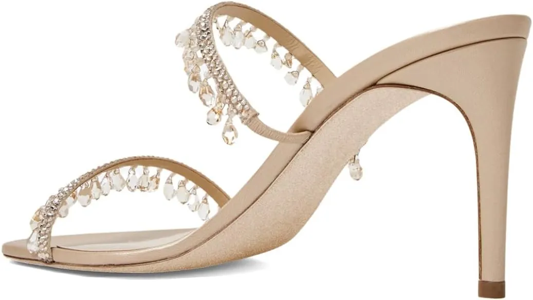 XYD Women Two Shiny Straps High Heel Mules Crystal Gems Open Toe Slides Sandals Summer Chic Slippers Shoes