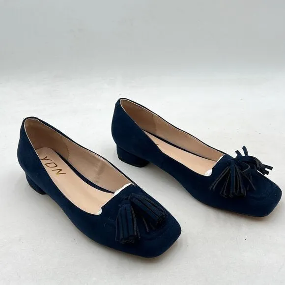 YDN Deep Blue Block Low Heel Loafers Square Toe Tassel Fringed Pump Slip On Shoe
