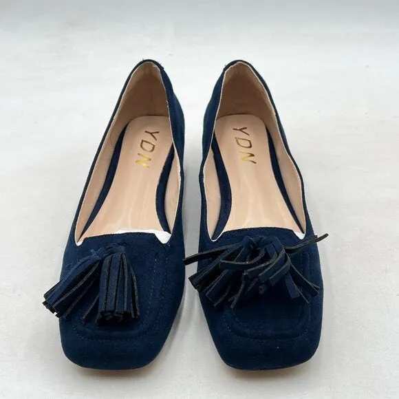 YDN Deep Blue Block Low Heel Loafers Square Toe Tassel Fringed Pump Slip On Shoe
