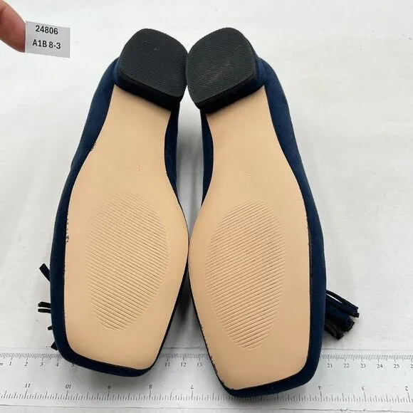 YDN Deep Blue Block Low Heel Loafers Square Toe Tassel Fringed Pump Slip On Shoe