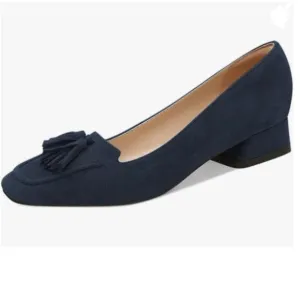 YDN Deep Blue Block Low Heel Loafers Square Toe Tassel Fringed Pump Slip On Shoe