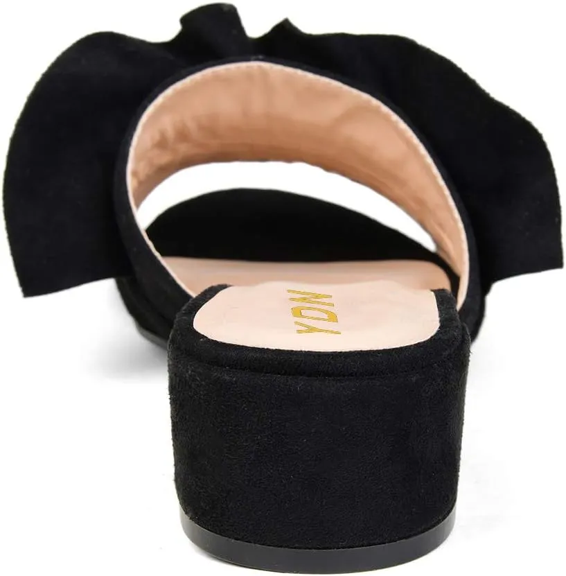 YDN Women Fashion Open Almond Toe Ruffles Slide Sandals Chunky Low Heel Slippers Pump Date Walking Shoes