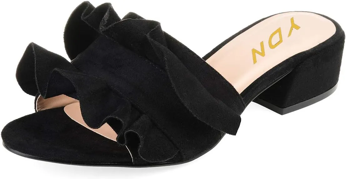 YDN Women Fashion Open Almond Toe Ruffles Slide Sandals Chunky Low Heel Slippers Pump Date Walking Shoes