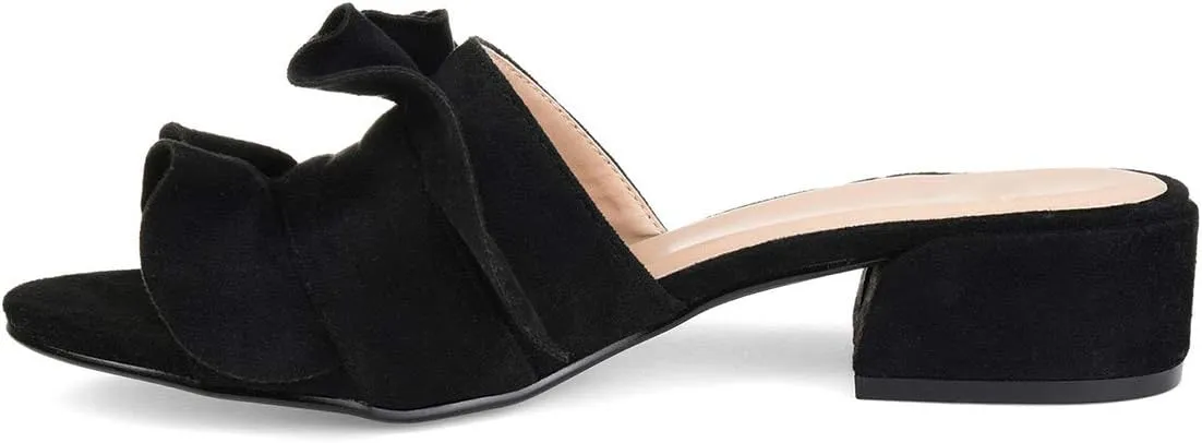 YDN Women Fashion Open Almond Toe Ruffles Slide Sandals Chunky Low Heel Slippers Pump Date Walking Shoes