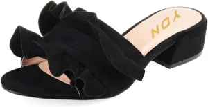 YDN Women Fashion Open Almond Toe Ruffles Slide Sandals Chunky Low Heel Slippers Pump Date Walking Shoes