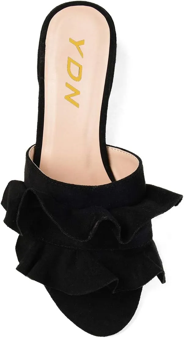 YDN Women Fashion Open Almond Toe Ruffles Slide Sandals Chunky Low Heel Slippers Pump Date Walking Shoes