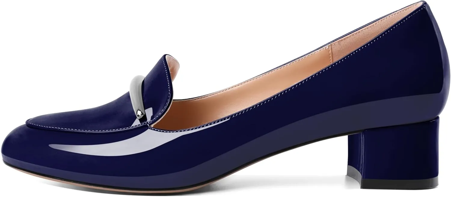 YODEKS Women's Block Heels Low Heel Loafer Pumps Round Toe Chunky Heel 1.5 Inch Slip On Closed Toe Comfort Shoes