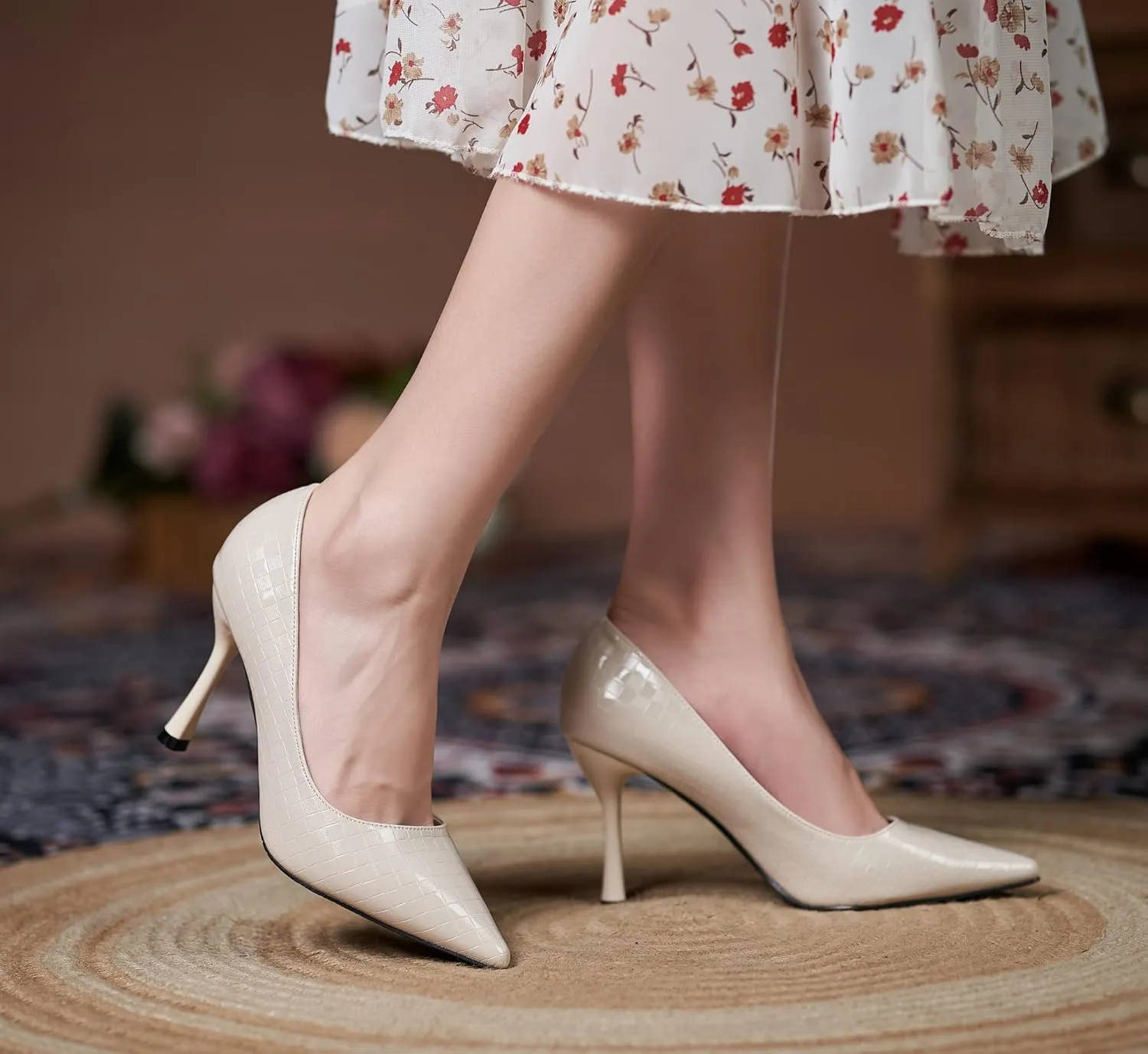 YooPrettyz Women Romantic Pointed Toe Pumps Stilettos Checked Pattern Office Shoes Formal Dress High Heels