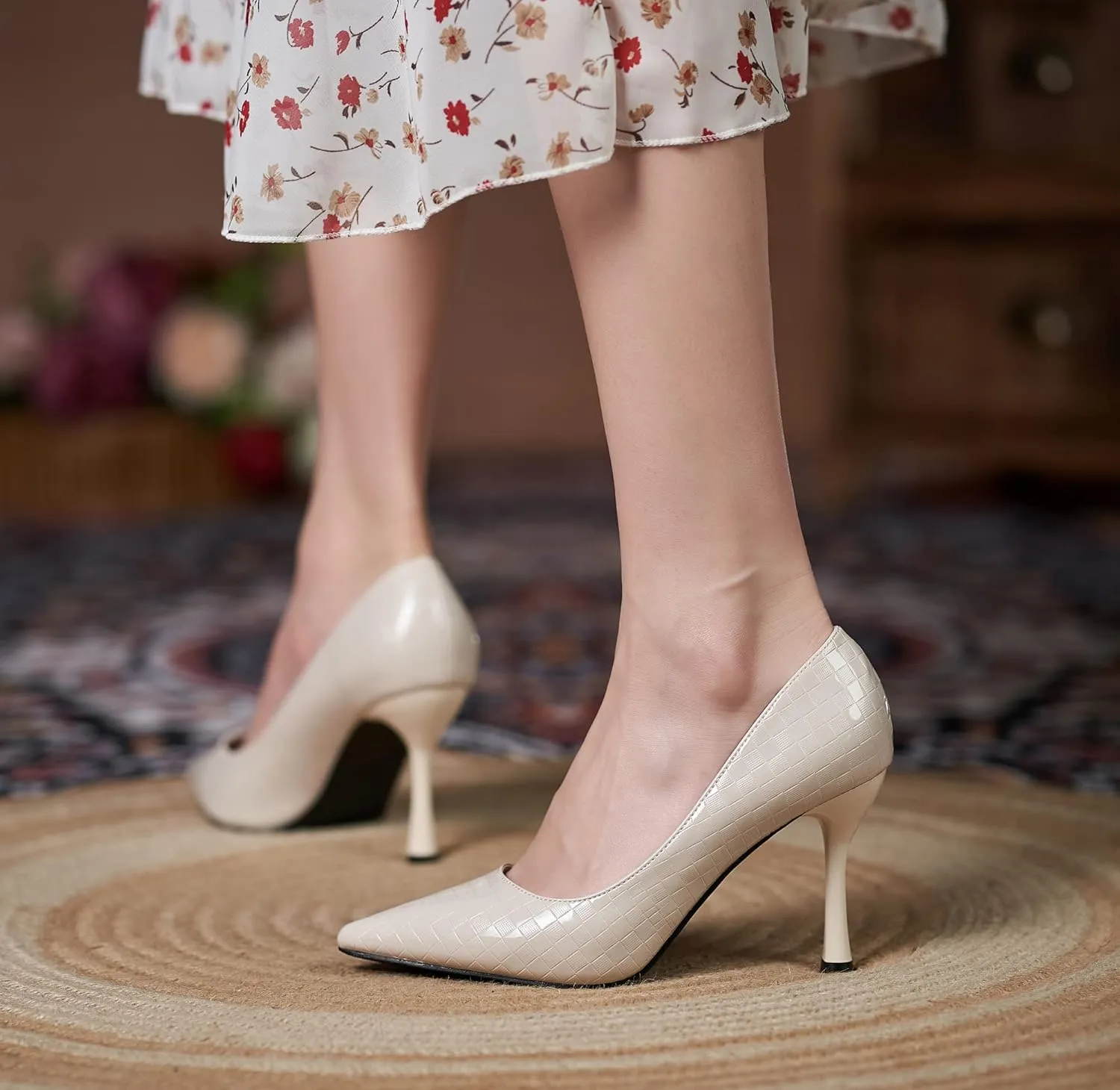 YooPrettyz Women Romantic Pointed Toe Pumps Stilettos Checked Pattern Office Shoes Formal Dress High Heels