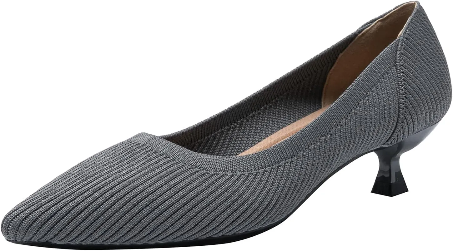 youngshow Women's Pumps Kitten Heels Pointed Toe Knit Slip On Comfortable Casual Formal Dress Shoes