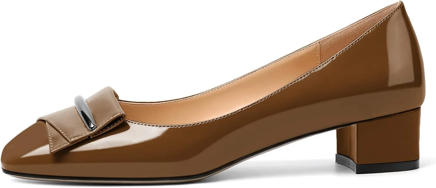 Zamikoo Women's Block Heel Pumps, Square Toe Slip-on Chunky Low Heels, Heeled Dress Shoes with Bow for Office Wedding Work Evening 1.5 Inches