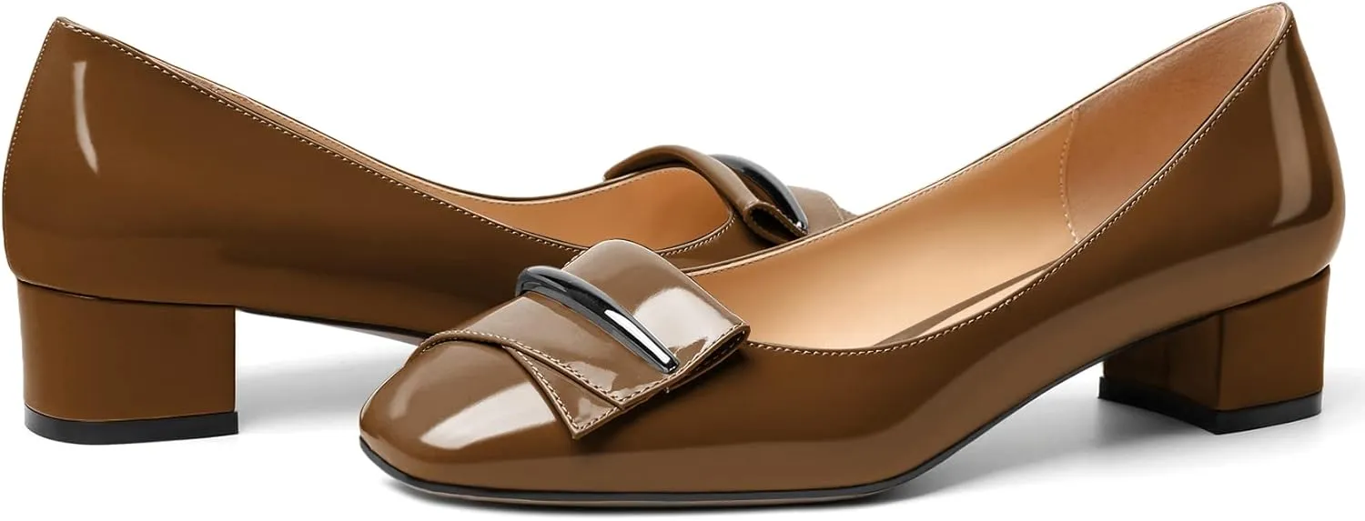 Zamikoo Women's Block Heel Pumps, Square Toe Slip-on Chunky Low Heels, Heeled Dress Shoes with Bow for Office Wedding Work Evening 1.5 Inches
