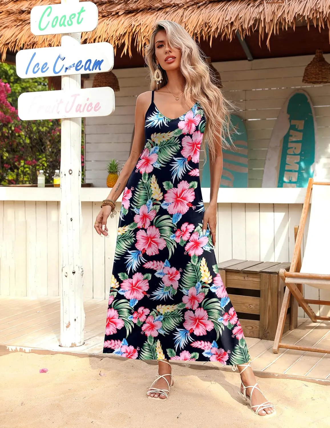 Zeagoo Womens Summer Maxi Dress Spaghetti Strap Casual Printed Dress Boho Floral Beach Sundress,