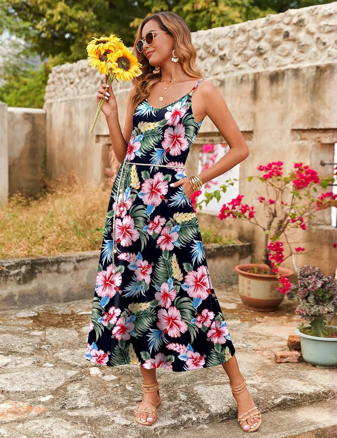 Zeagoo Womens Summer Maxi Dress Spaghetti Strap Casual Printed Dress Boho Floral Beach Sundress,