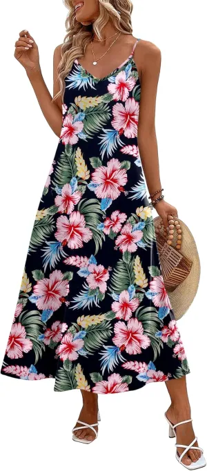 Zeagoo Womens Summer Maxi Dress Spaghetti Strap Casual Printed Dress Boho Floral Beach Sundress,