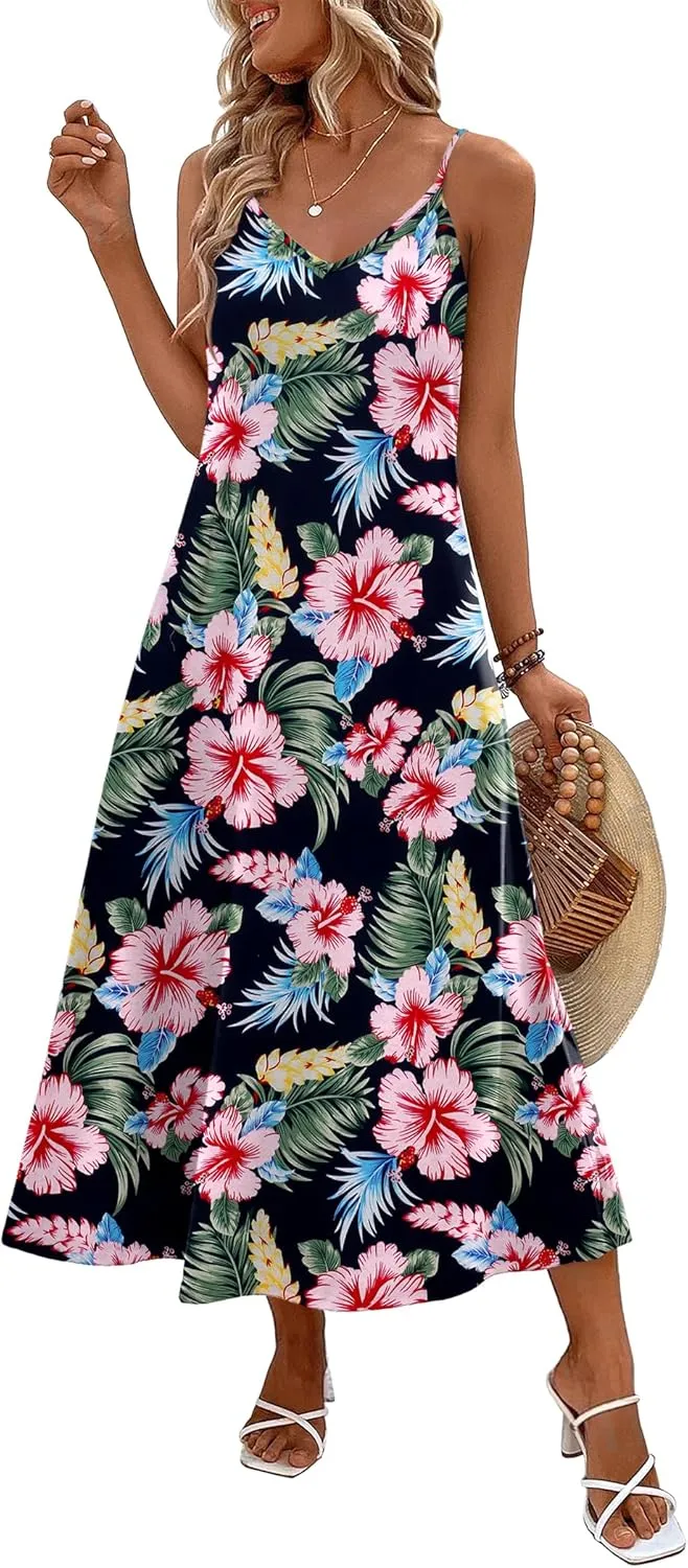 Zeagoo Womens Summer Maxi Dress Spaghetti Strap Casual Printed Dress Boho Floral Beach Sundress,