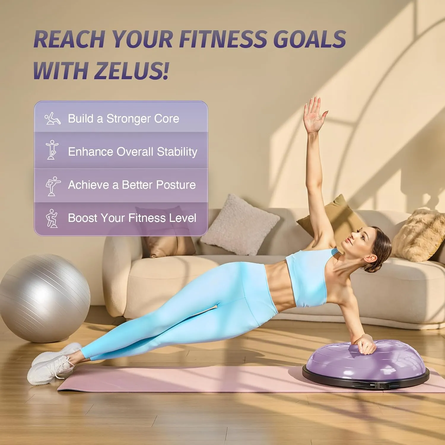 ZELUS 25in. Balance Ball | 660lb Inflatable Half Exercise Ball Wobble Board Balance Trainer w Nonslip Base | Half Yoga Ball Strength Training Equipment w 2 Bands, Pump, Extra Ball Included