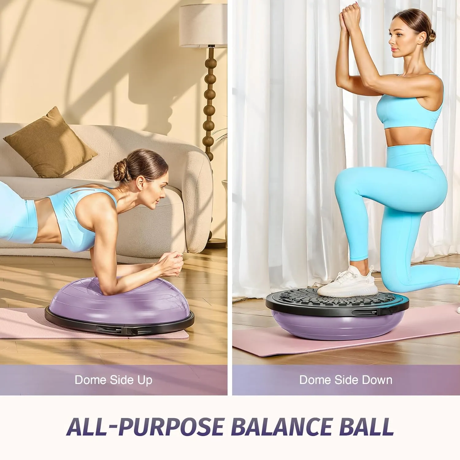 ZELUS 25in. Balance Ball | 660lb Inflatable Half Exercise Ball Wobble Board Balance Trainer w Nonslip Base | Half Yoga Ball Strength Training Equipment w 2 Bands, Pump, Extra Ball Included