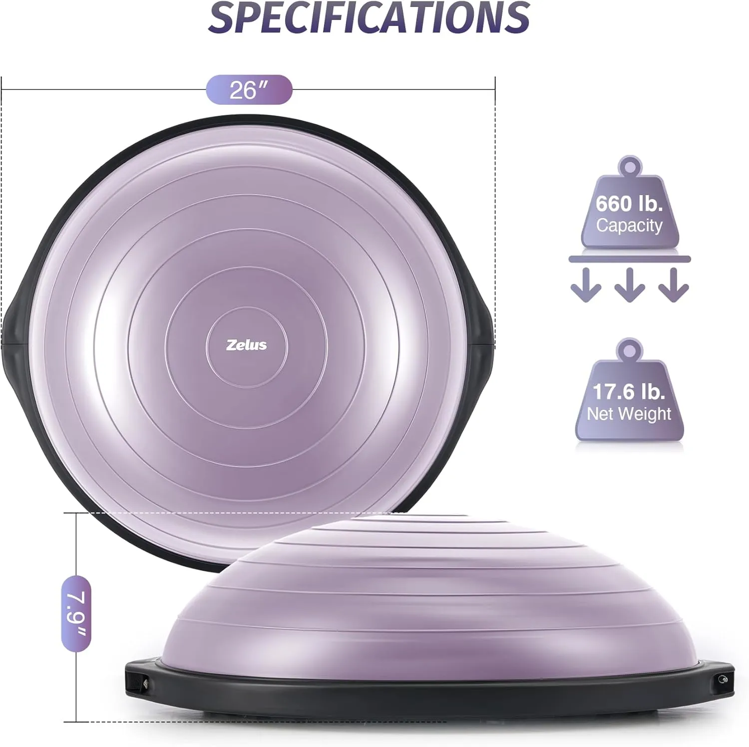 ZELUS 25in. Balance Ball | 660lb Inflatable Half Exercise Ball Wobble Board Balance Trainer w Nonslip Base | Half Yoga Ball Strength Training Equipment w 2 Bands, Pump, Extra Ball Included