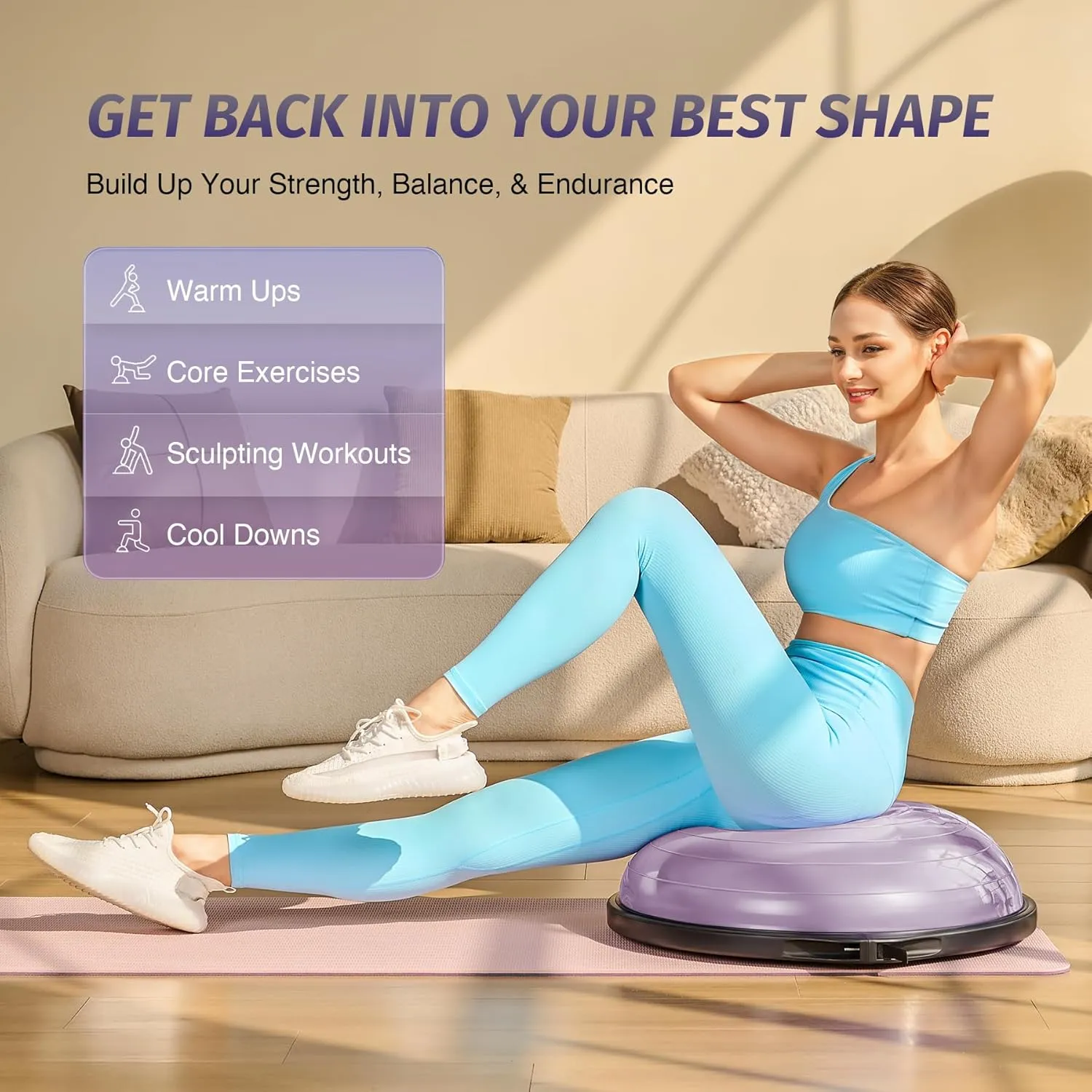 ZELUS 25in. Balance Ball | 660lb Inflatable Half Exercise Ball Wobble Board Balance Trainer w Nonslip Base | Half Yoga Ball Strength Training Equipment w 2 Bands, Pump, Extra Ball Included