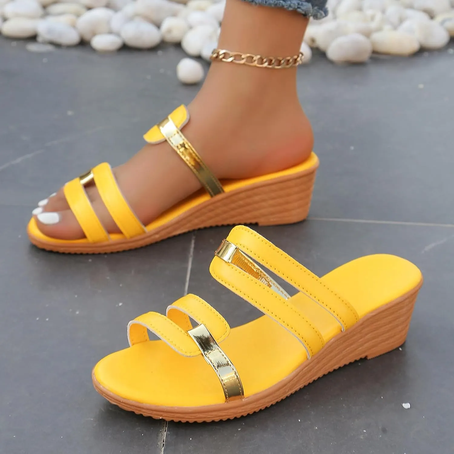 ZSpzx 2025 Women's Slide Sandals Summer Open Toe Two Hollow Strap Slip On Wedge Sandal Ladies Comfortable Low Heel Orthopedic Cushion Footed Casual Shoes for Beach Vacation Outdoor Indoor