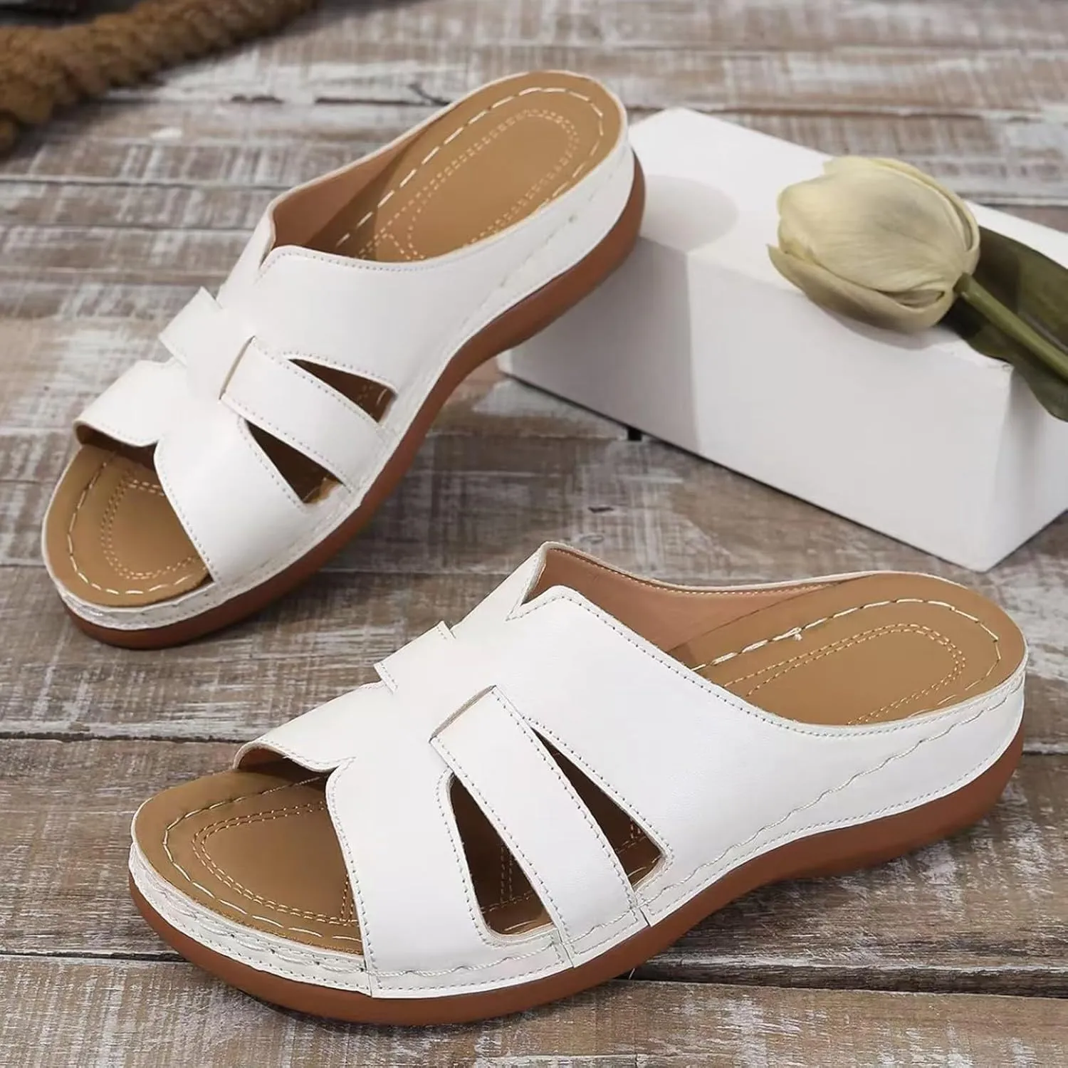 ZSpzx 2025 Women's Slip On Sandals,Wide Width Orthopedic Hollow Out Peep Toe Plantar Fasciitis Recovery Mules Arch Support Cushion Footbed Casual Slippers Ladies Comfortable Shoes Dail Wear Shoe
