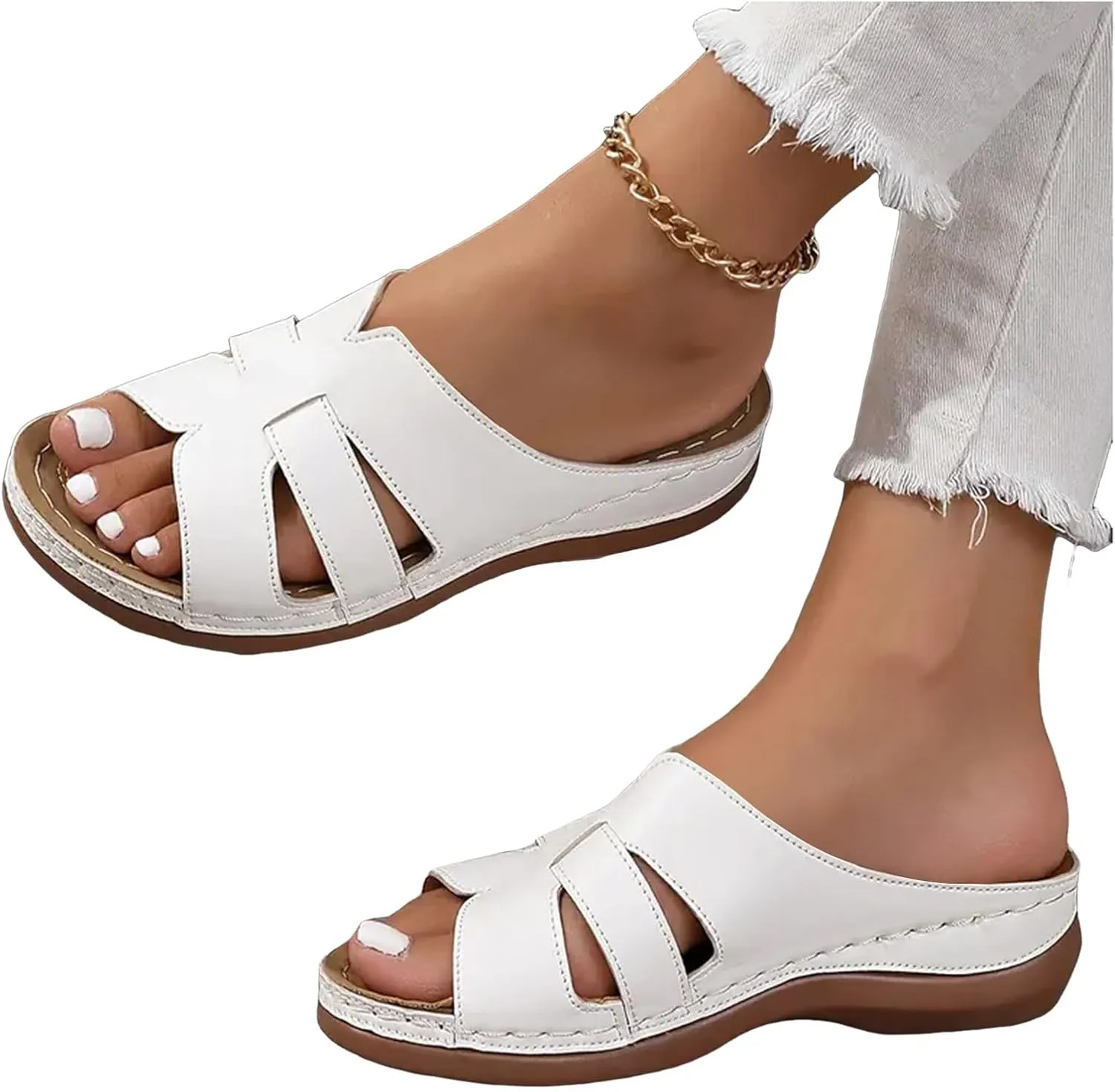 ZSpzx 2025 Women's Slip On Sandals,Wide Width Orthopedic Hollow Out Peep Toe Plantar Fasciitis Recovery Mules Arch Support Cushion Footbed Casual Slippers Ladies Comfortable Shoes Dail Wear Shoe