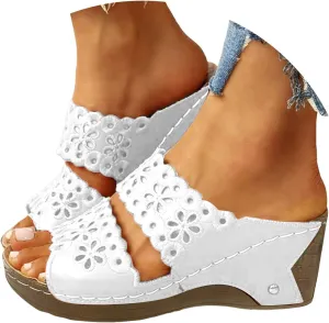 ZSpzx Orthopedic Sandal for Women,Open Toe Arch Support Two Cutout Strap Wedge Sandals Recovery Footwear Plantar Fasciitis Summer Low Heel Shoes Comfortable Cushion Footbed Slippers for Daily Wear