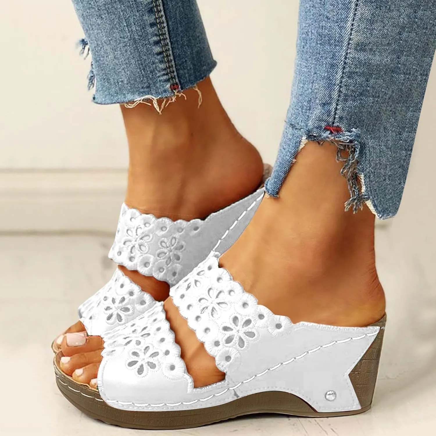 ZSpzx Orthopedic Sandal for Women,Open Toe Arch Support Two Cutout Strap Wedge Sandals Recovery Footwear Plantar Fasciitis Summer Low Heel Shoes Comfortable Cushion Footbed Slippers for Daily Wear