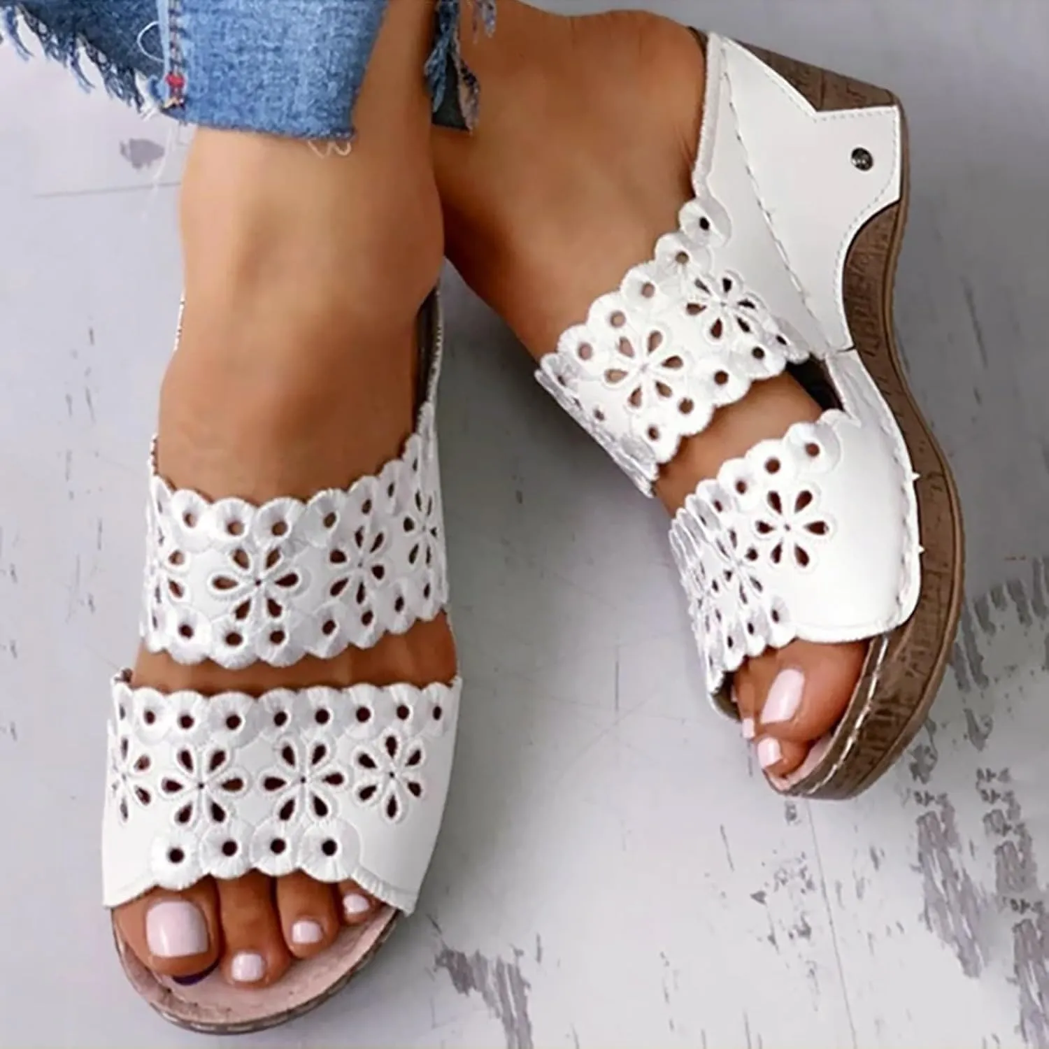 ZSpzx Orthopedic Sandal for Women,Open Toe Arch Support Two Cutout Strap Wedge Sandals Recovery Footwear Plantar Fasciitis Summer Low Heel Shoes Comfortable Cushion Footbed Slippers for Daily Wear
