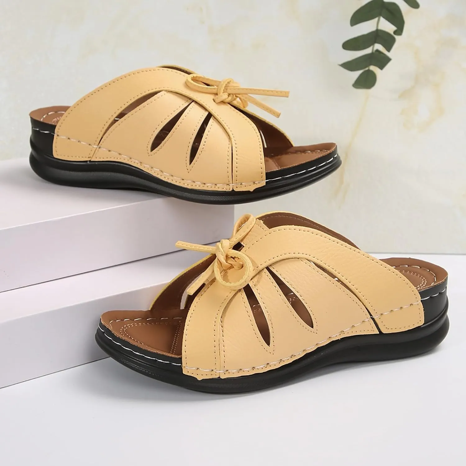 ZSpzx Orthotic Wedge Sandals for Women Recovery Slide Sandal Lace Up Twist Knot Bow Strap Ladies Summer Arch Support Comfortable Slides Open Toe Slip on Plantar Fasciitis Bunion Shoes