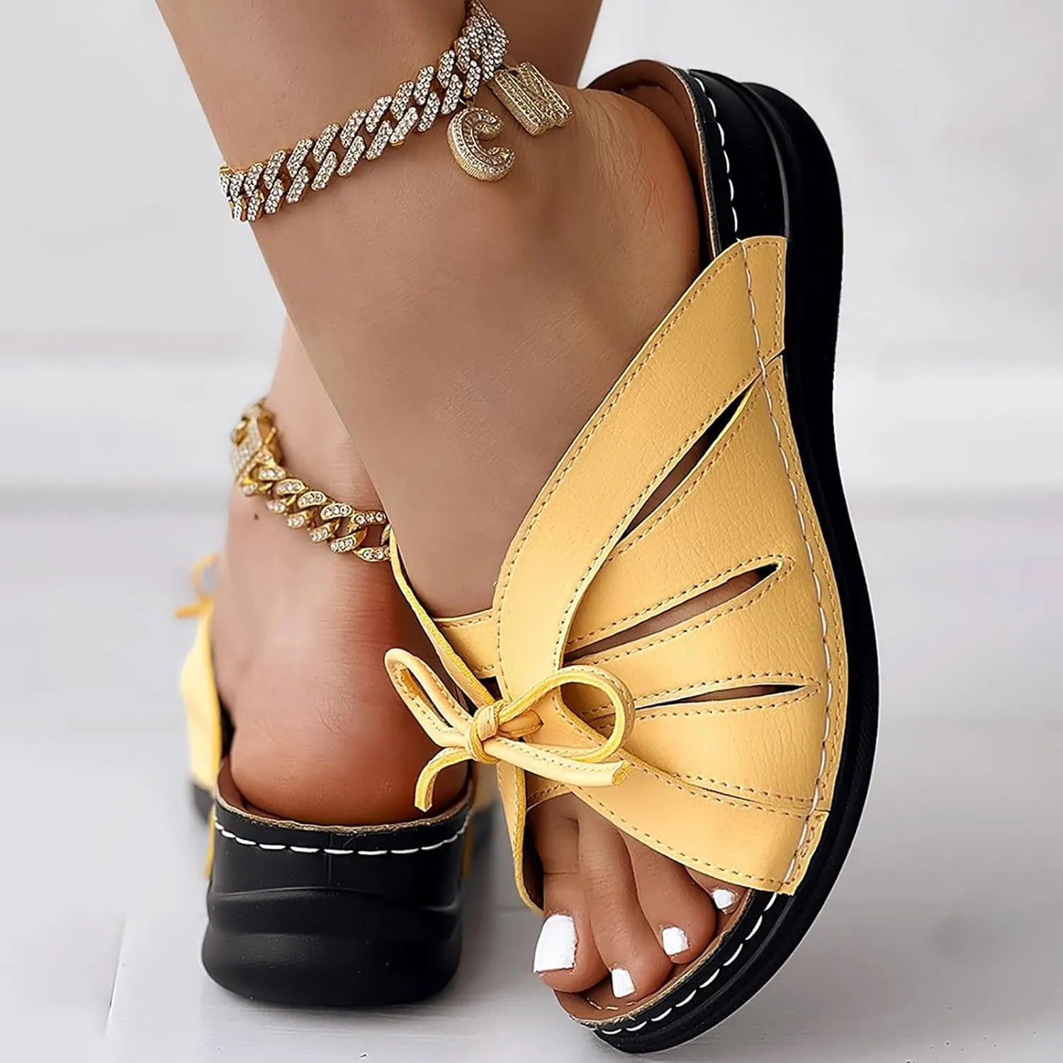 ZSpzx Orthotic Wedge Sandals for Women Recovery Slide Sandal Lace Up Twist Knot Bow Strap Ladies Summer Arch Support Comfortable Slides Open Toe Slip on Plantar Fasciitis Bunion Shoes