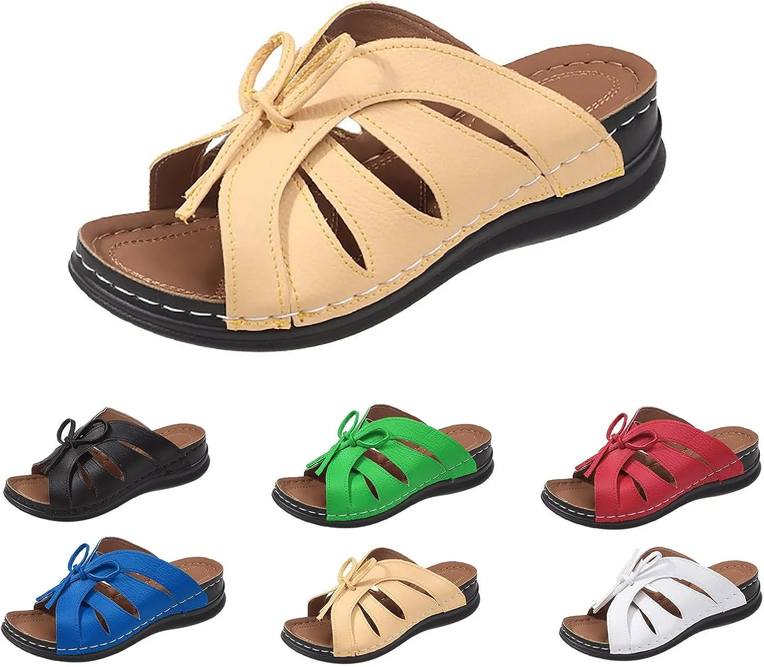 ZSpzx Orthotic Wedge Sandals for Women Recovery Slide Sandal Lace Up Twist Knot Bow Strap Ladies Summer Arch Support Comfortable Slides Open Toe Slip on Plantar Fasciitis Bunion Shoes