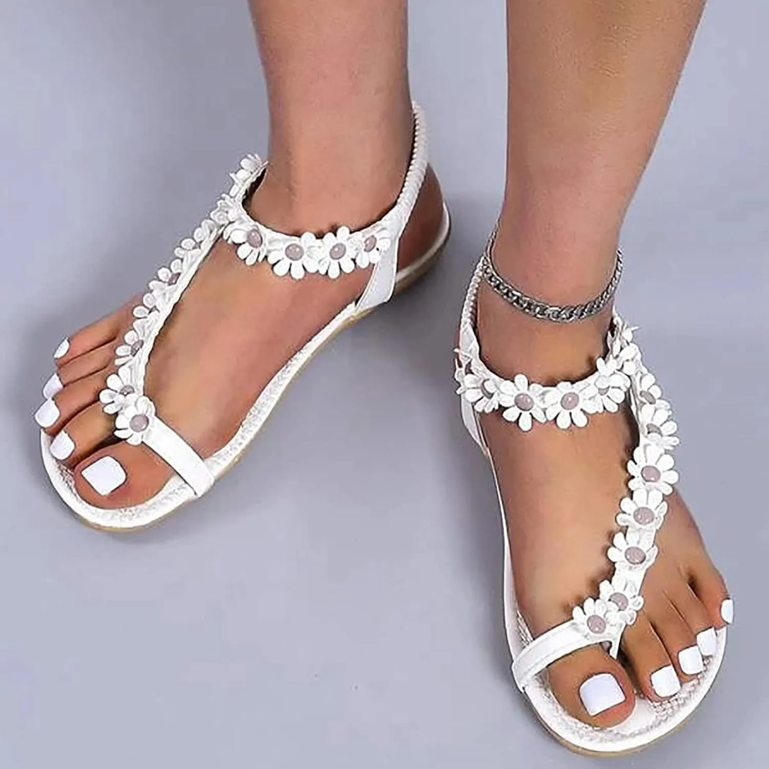 ZSpzx Slide Sandals for Women,Clip Toe Comfortable Lightweight Slip On Flat Sandal with Flowers Elastic Strap Ladies Soft Slippers Non-Slip Cushion Footbed Dressy Shoes for Daily Wear Outdoor Indoor