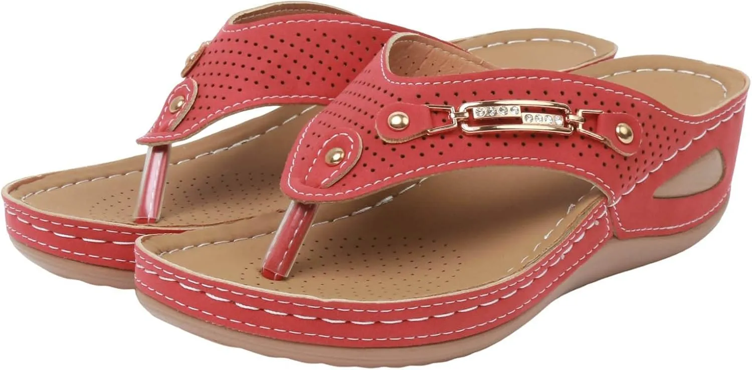 ZSpzx Summer Flip Flops for Women 2025,Clip Toe Wide Width Wedges Slip On Metal Decor Sandals Low Wedge Heel Ladies Arch Support Comfortable Cushion Footbed Daily Wear Slides Cute Shoes