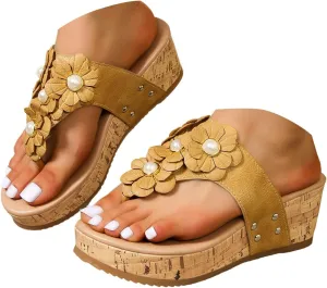 ZSpzx Summer Flip Flops for Women 2025,Open Toe Wide Width Slip On Flower Rhinestones Rivets Platform Sandals Low Wedge Heel Ladies Arch Support Comfortable Cushion Footbed Daily Wear Cute Shoes