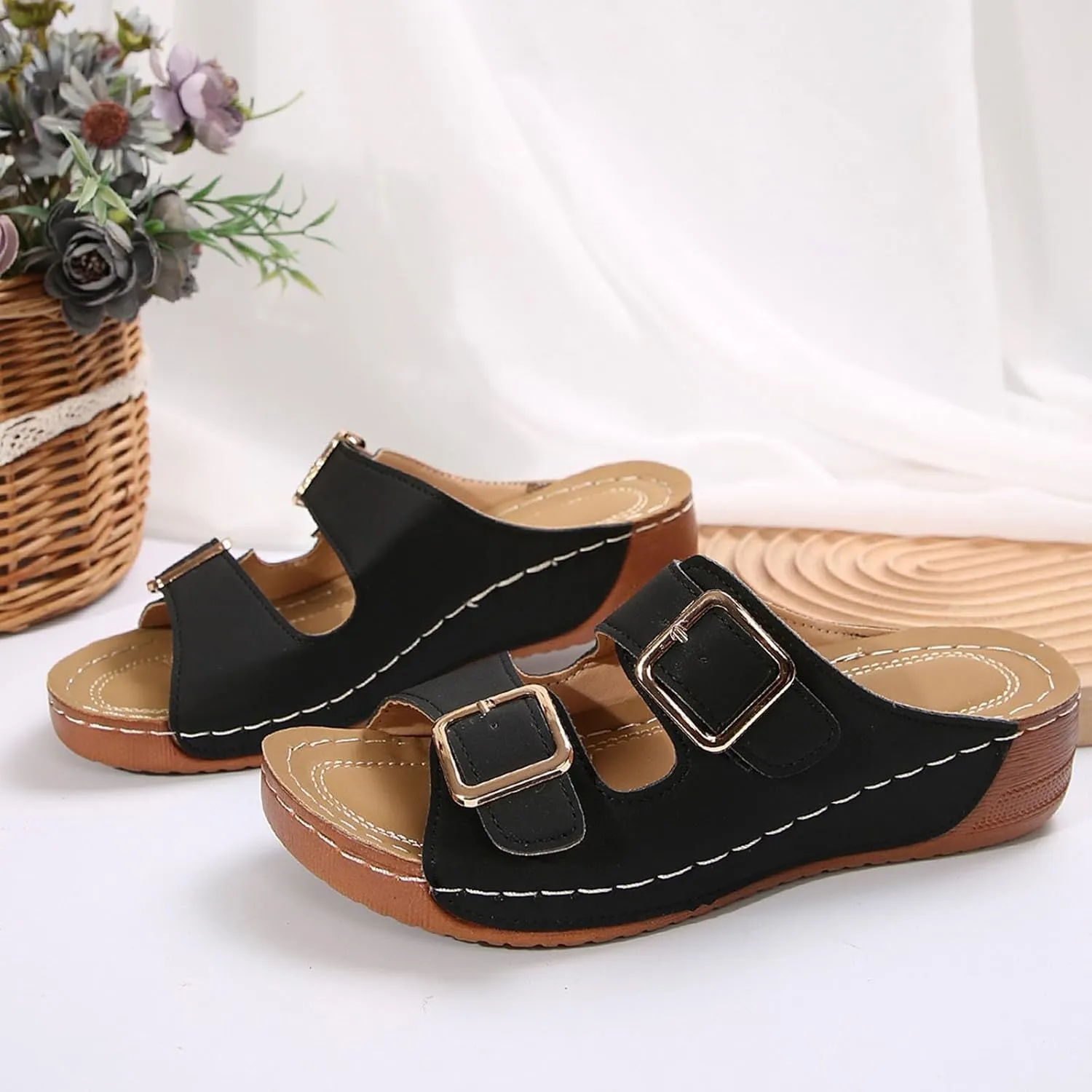 ZSpzx Wide Width Orthopedic Wedge Sandals for Women 2025 Two Adjustable Strap Peep Toe Slip On Slides Summer Ladies Summer Comfortable Cushion Footbed Mules Recovery Sandal with Arch Support