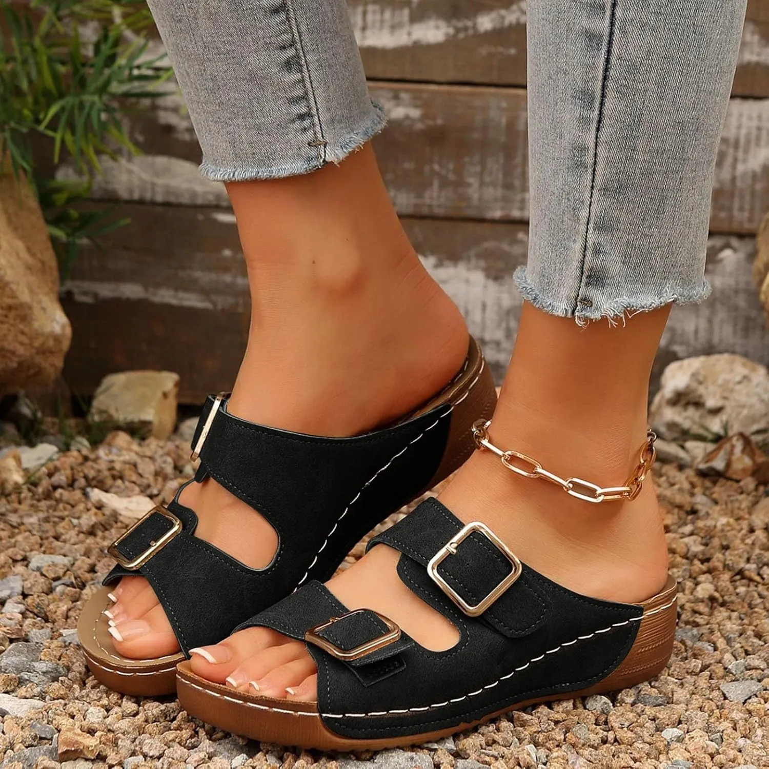 ZSpzx Wide Width Orthopedic Wedge Sandals for Women 2025 Two Adjustable Strap Peep Toe Slip On Slides Summer Ladies Summer Comfortable Cushion Footbed Mules Recovery Sandal with Arch Support