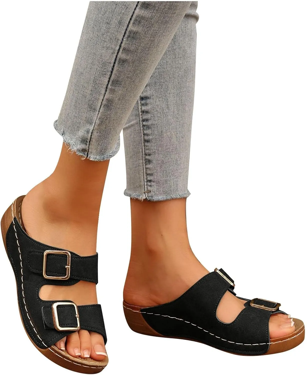 ZSpzx Wide Width Orthopedic Wedge Sandals for Women 2025 Two Adjustable Strap Peep Toe Slip On Slides Summer Ladies Summer Comfortable Cushion Footbed Mules Recovery Sandal with Arch Support
