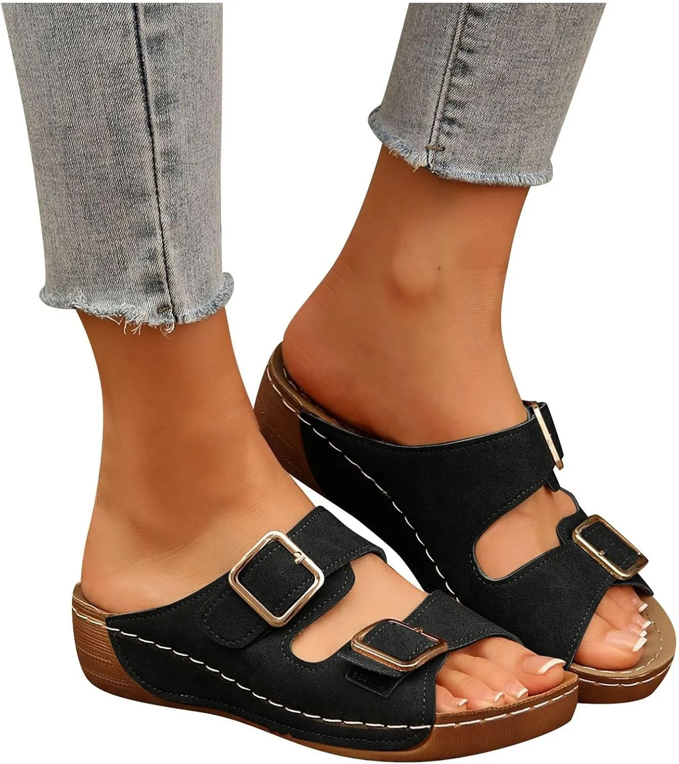 ZSpzx Wide Width Orthopedic Wedge Sandals for Women 2025 Two Adjustable Strap Peep Toe Slip On Slides Summer Ladies Summer Comfortable Cushion Footbed Mules Recovery Sandal with Arch Support