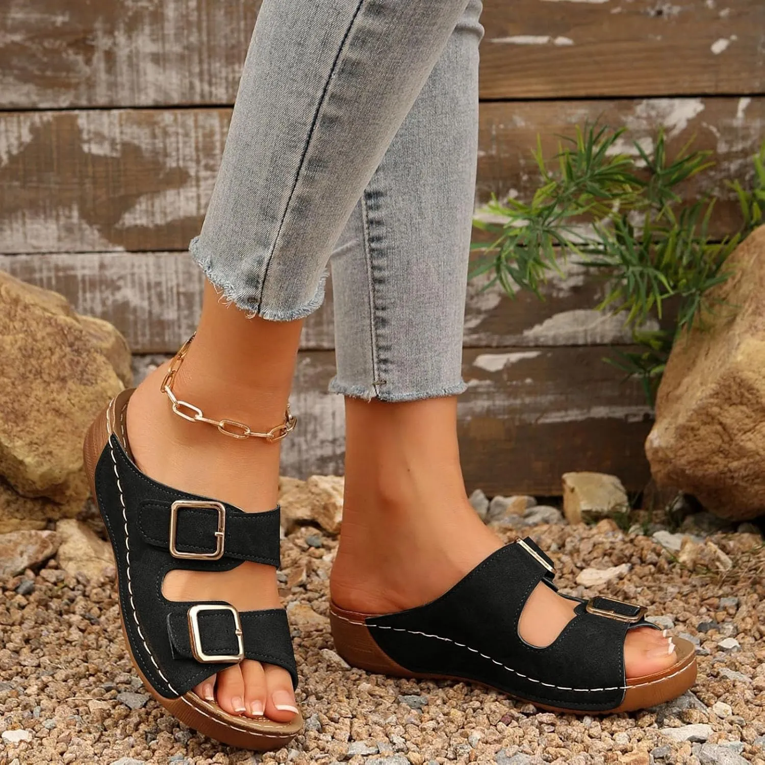 ZSpzx Wide Width Orthopedic Wedge Sandals for Women 2025 Two Adjustable Strap Peep Toe Slip On Slides Summer Ladies Summer Comfortable Cushion Footbed Mules Recovery Sandal with Arch Support